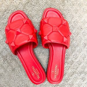 Valentino Garavani Roman Stud Red Leather Slide Sandal